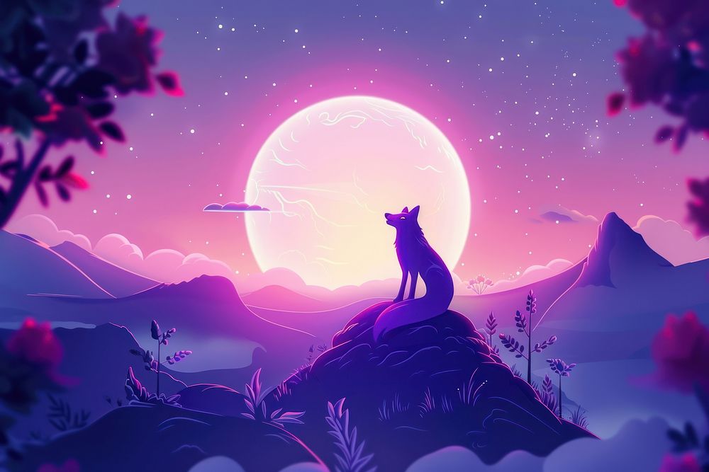 Cute moon and wolf background cartoon nature mammal.