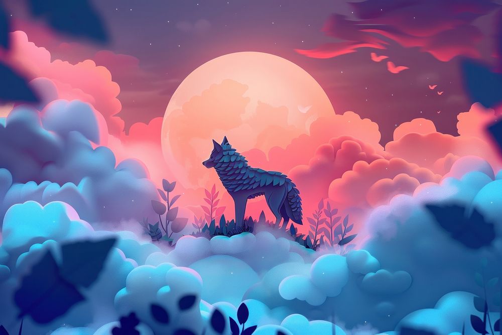 Cute moon and wolf background outdoors cartoon nature.