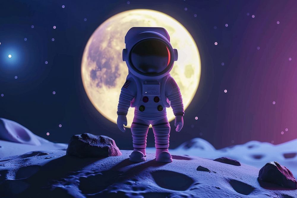 Cute astronaut on the moon background cartoon astronomy outdoors.