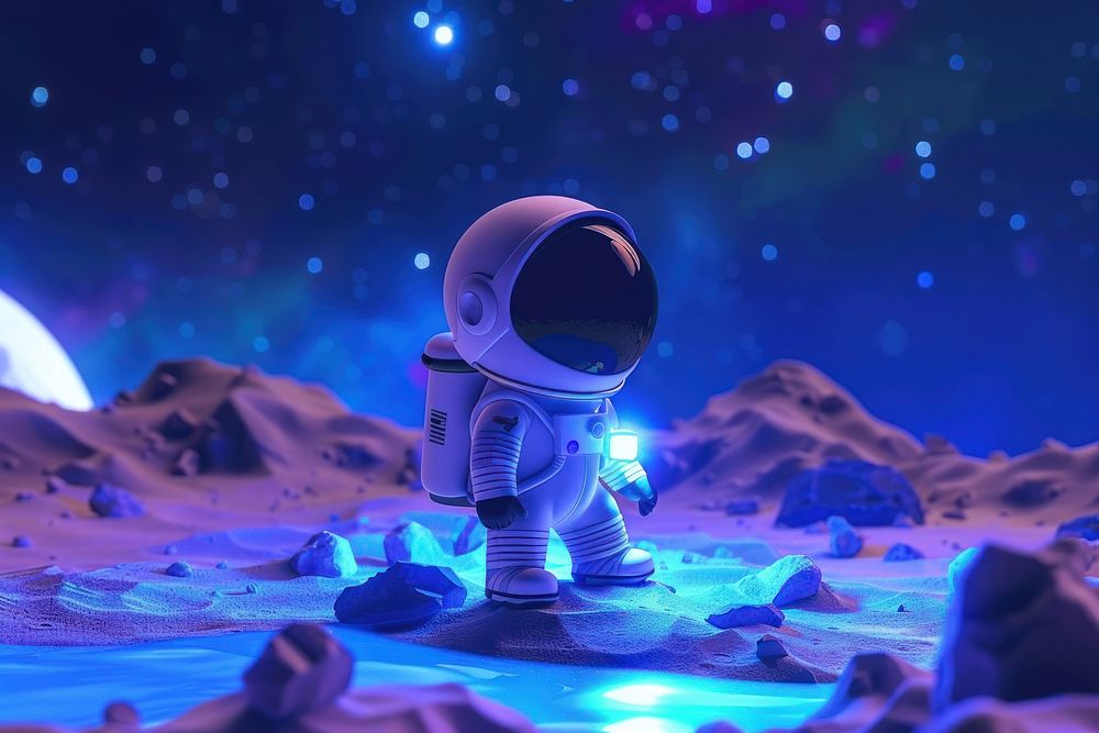 Cute astronaut survey on the moon background cartoon astronomy outdoors.