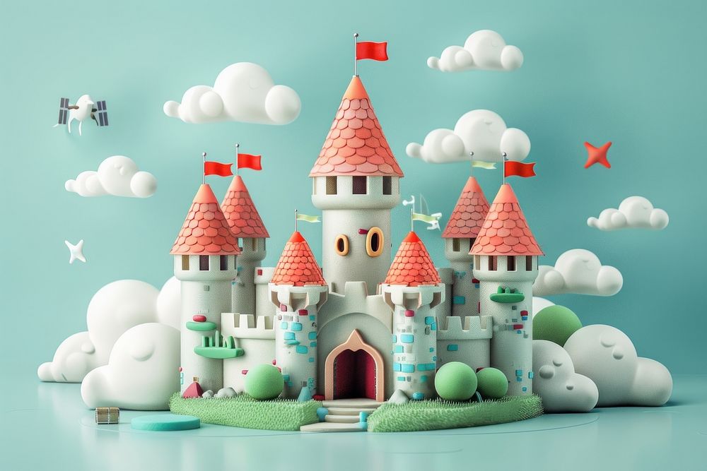 Cute castle background cartoon toy representation.