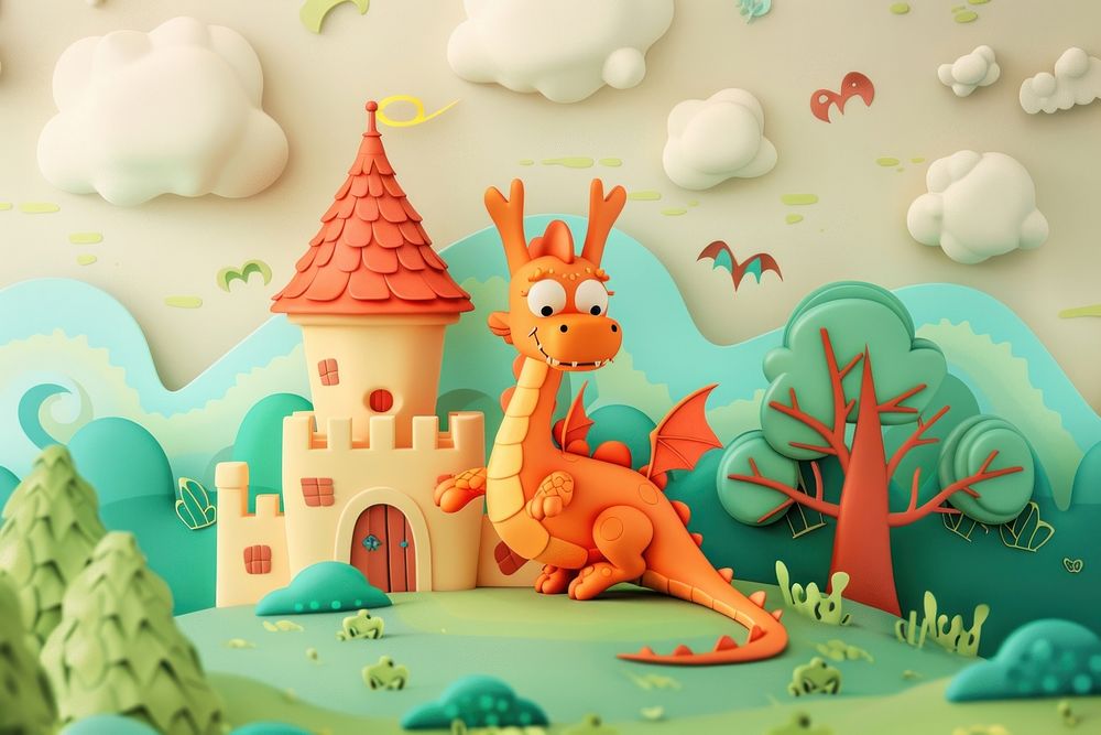 Cute dragon and castle background cartoon representation creativity.