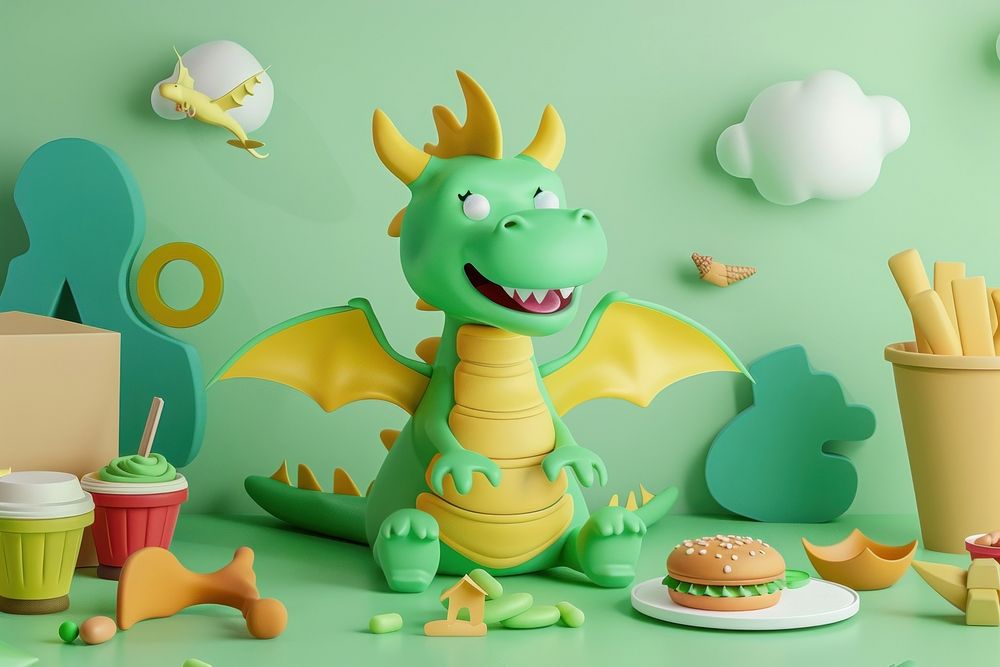 Cute dragon and food background cartoon green representation.