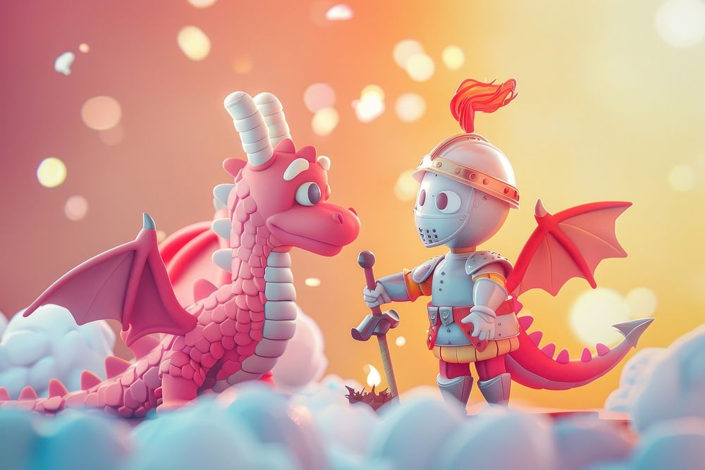 Cute dragon and knight background cartoon toy representation.