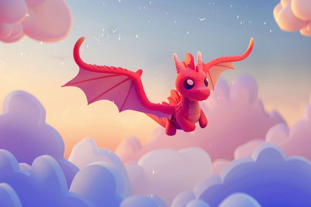 Cute dragon flying background cartoon animal representation.