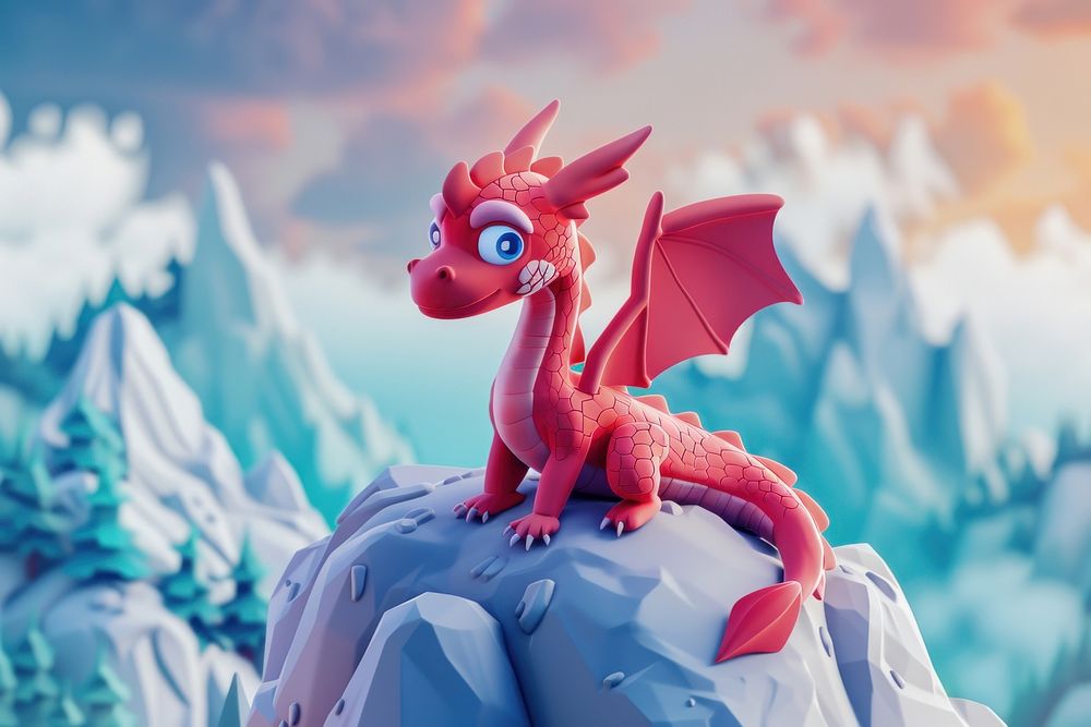 Cute dragon on mountain background cartoon animal representation.