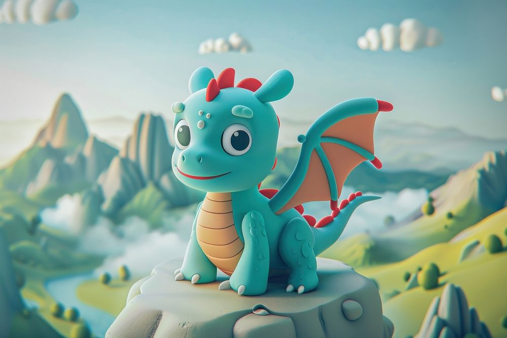 Cute dragon on mountain background cartoon outdoors nature.