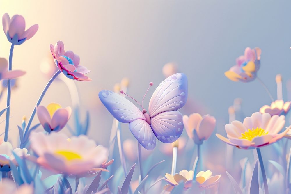 Cute flowers and butterfly background outdoors blossom nature.