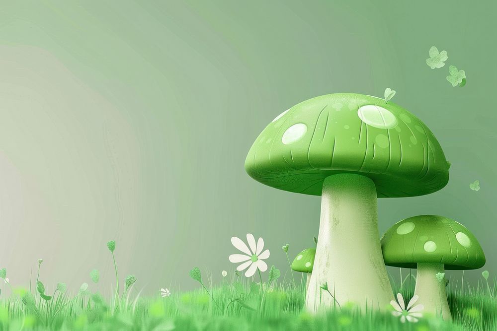 Cute green mushroom background fungus plant grass.