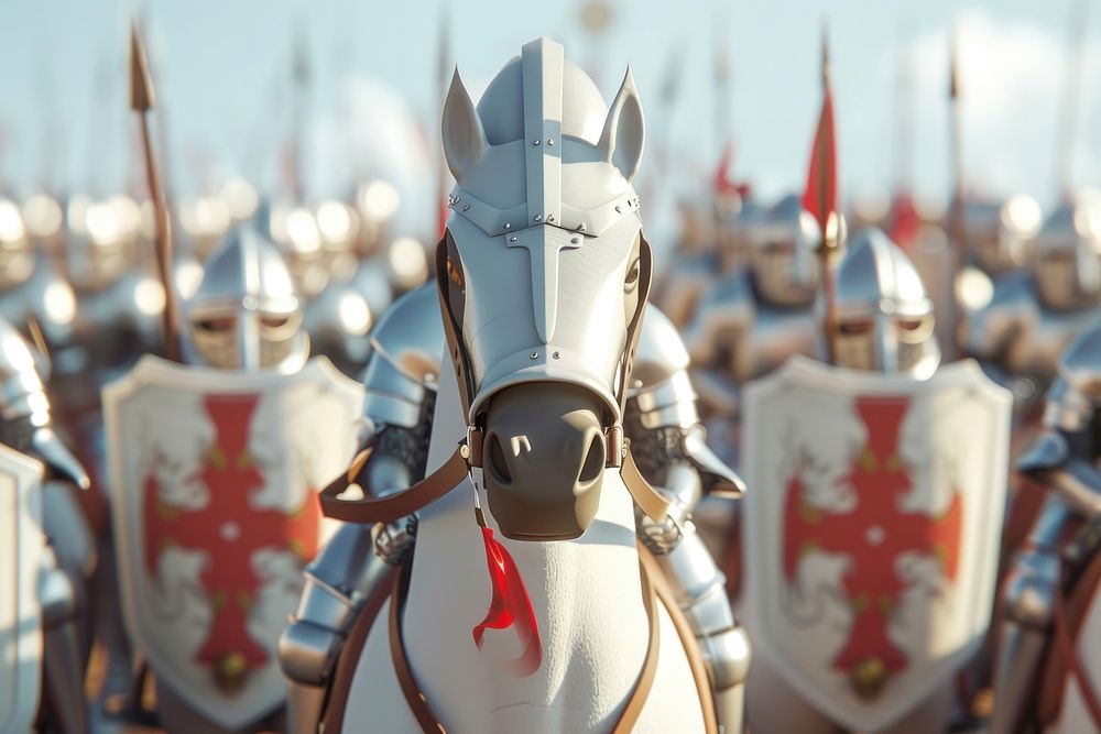 Cute horse knight with troops background architecture protection military.
