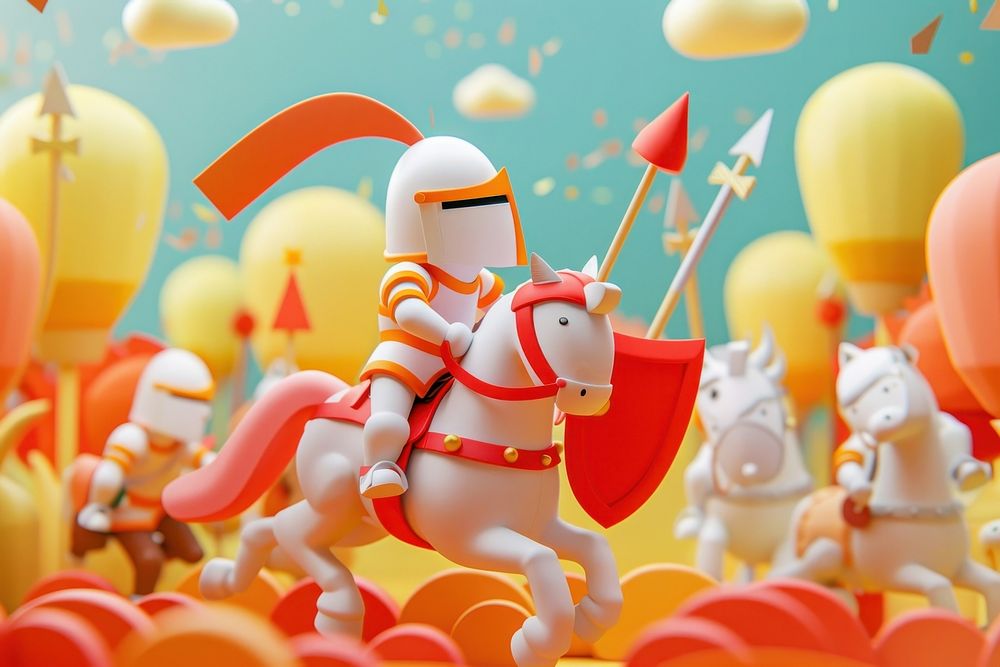 Cute horse knight with troops background cartoon representation celebration.