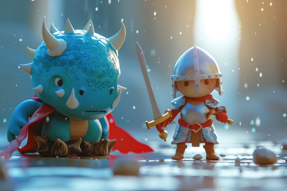Cute knight versus monster background cartoon toy representation.