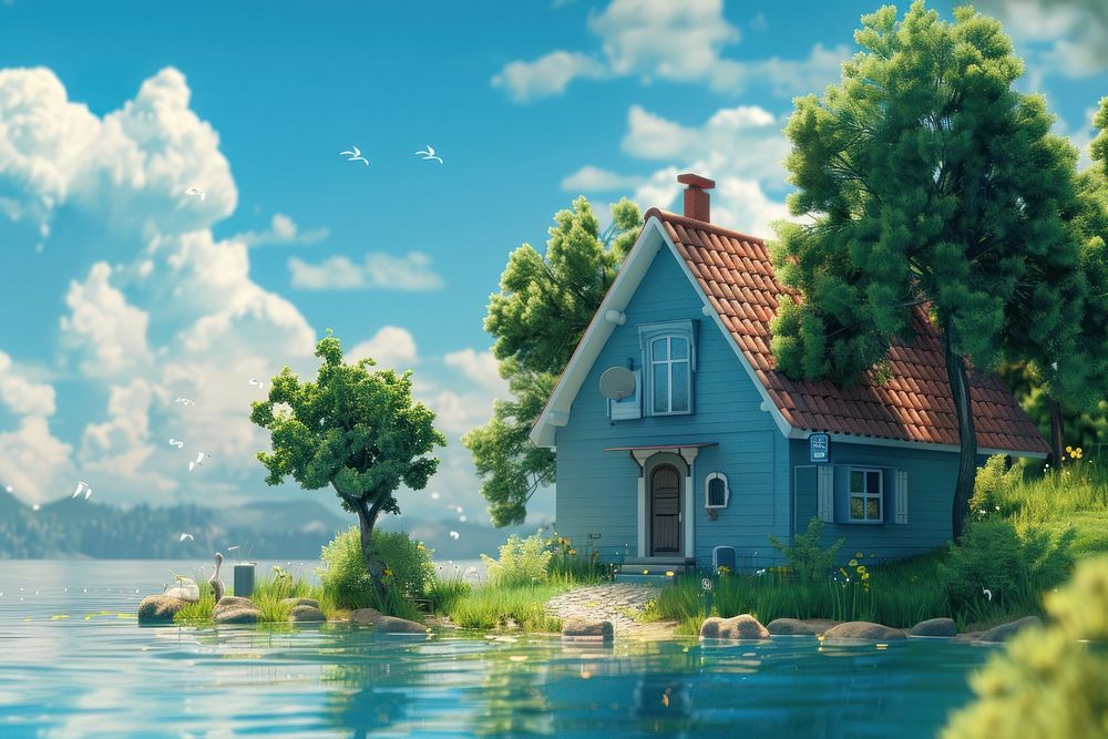 Cute lake cottage background architecture landscape building.