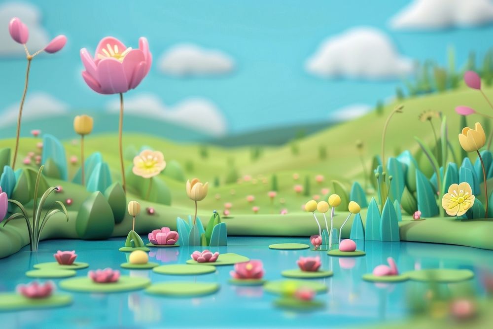 Cute lake background cartoon outdoors flower.