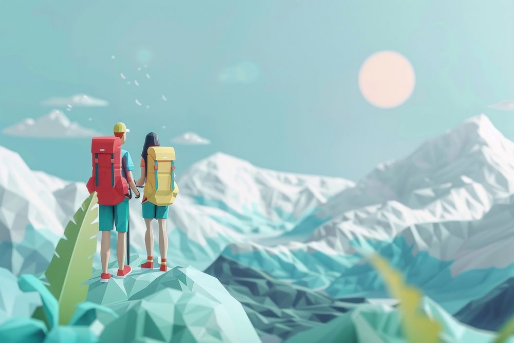 Cute people hiking on the mountain background backpacking outdoors cartoon.