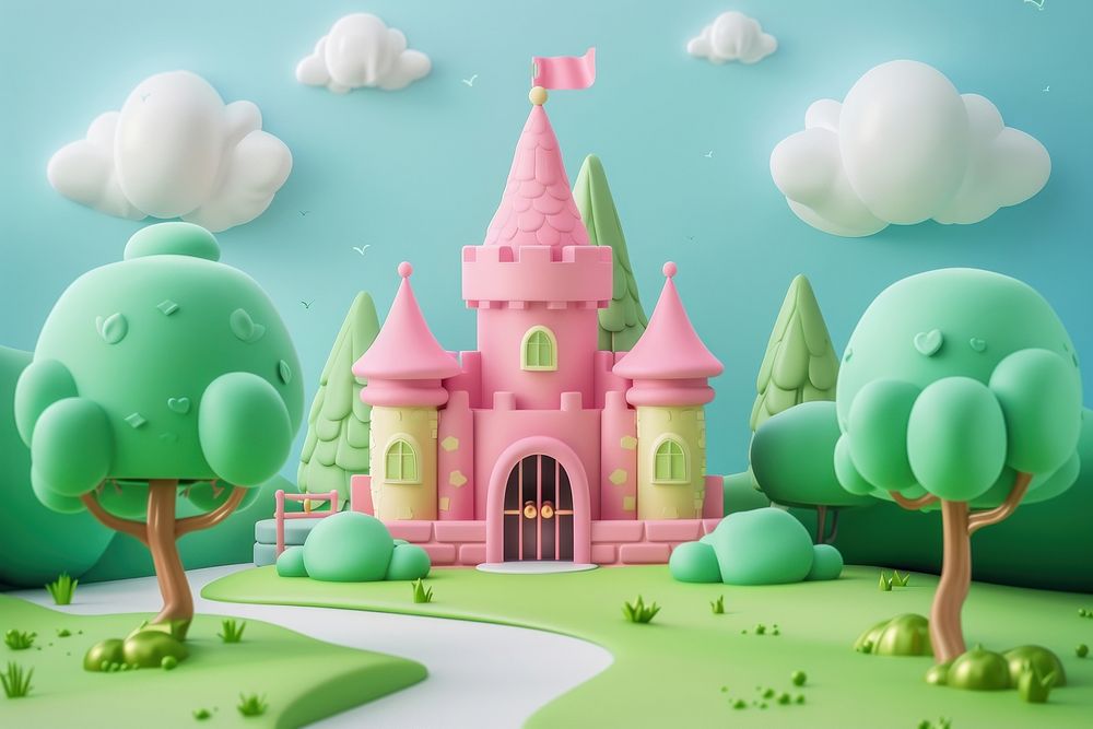 Cute small castle background cartoon green representation.