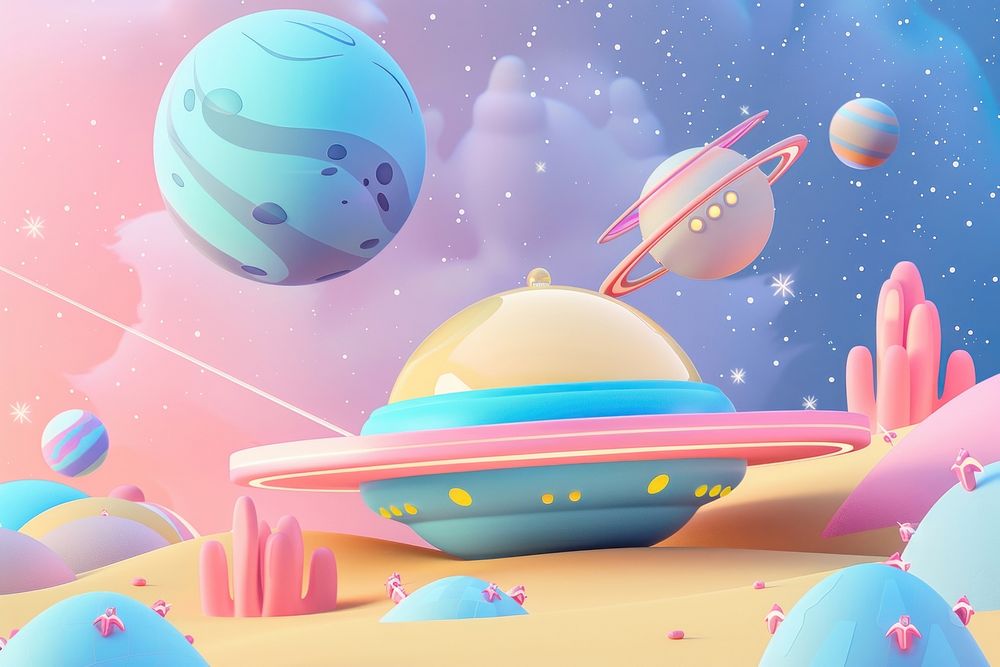 Cute space and ufo background universe cartoon planet.