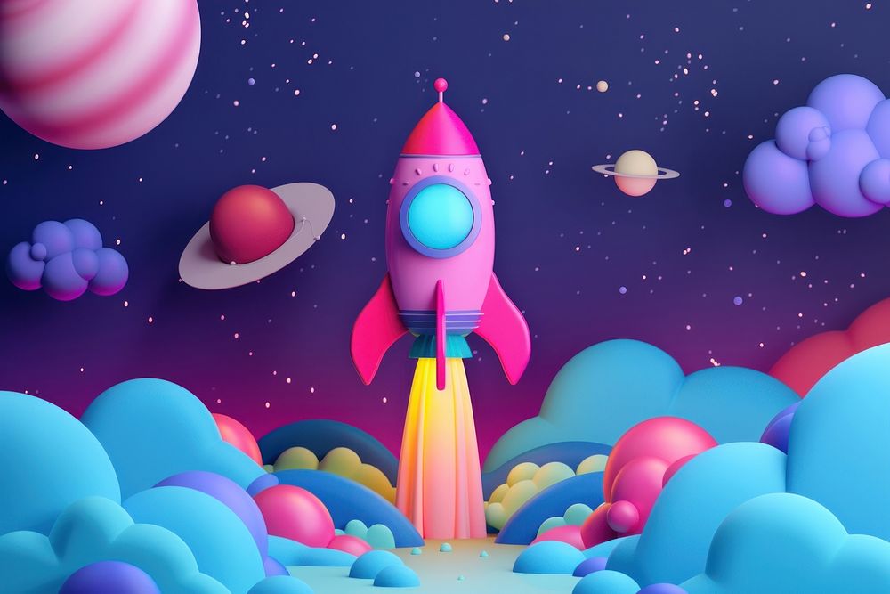Cute space and rocket background cartoon illuminated creativity.