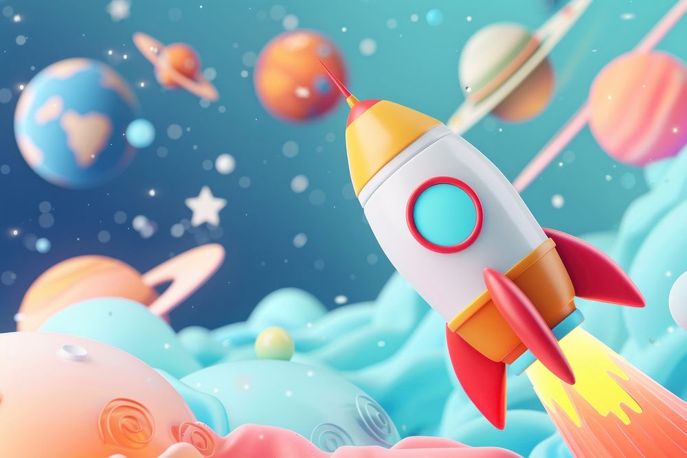 Cute space and rocket background cartoon celebration graphics.