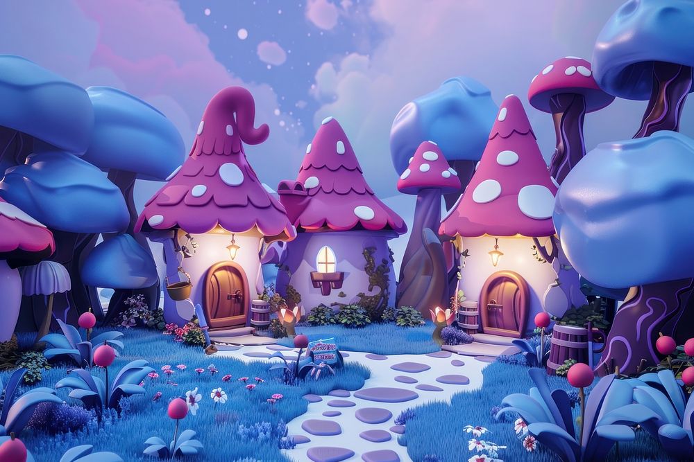 Cute troll village background outdoors cartoon purple.