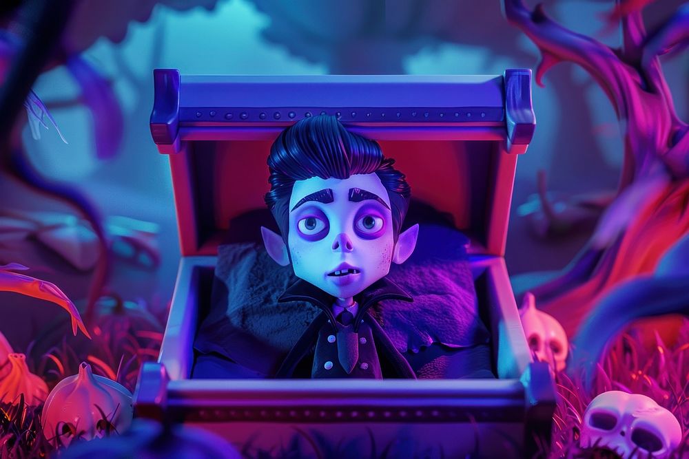 Cute vampire in the coffin background cartoon fantasy purple.