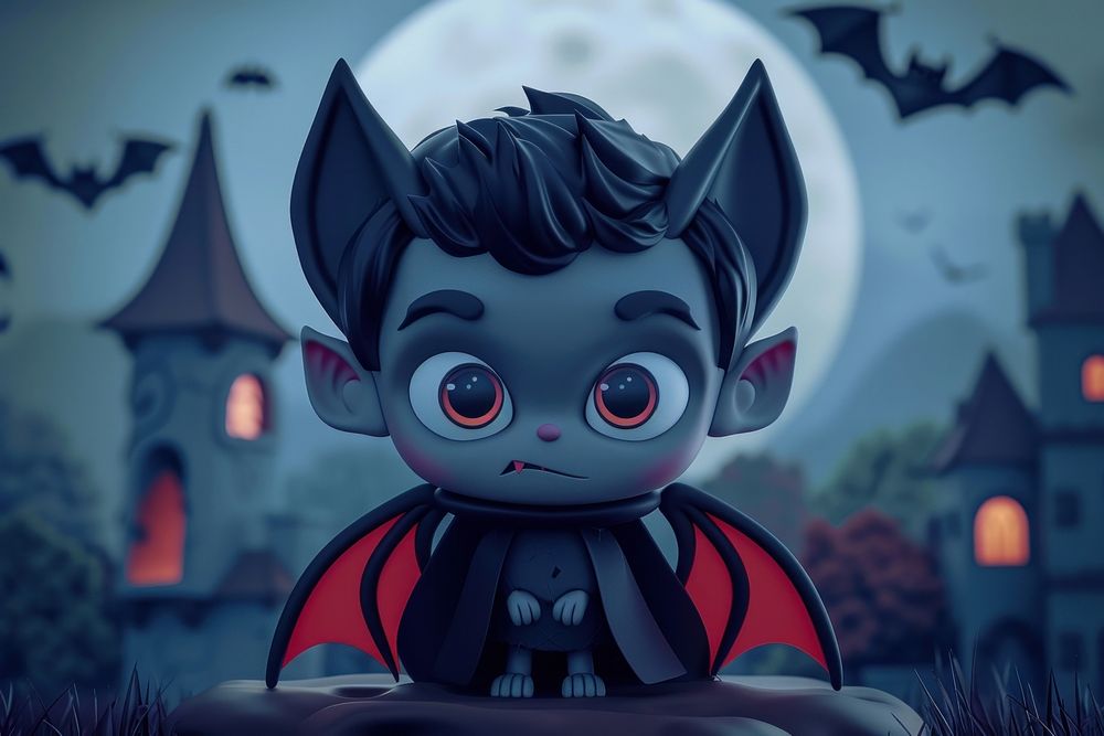 Cute vampire with bat background cartoon fantasy representation.
