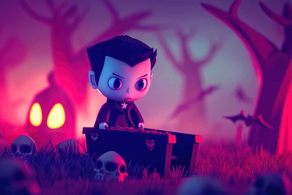 Cute vampire with coffin background cartoon fantasy representation.