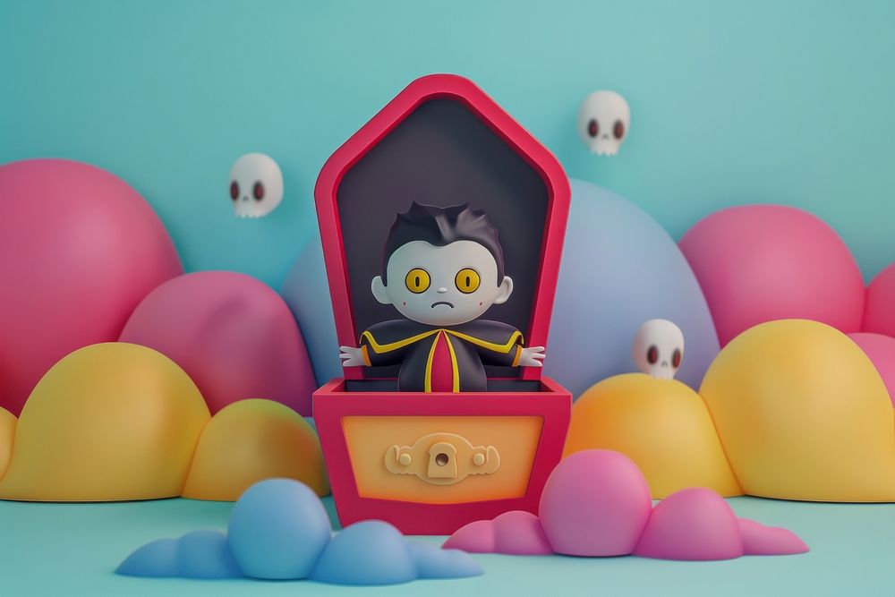 Cute vampire with coffin background cartoon representation celebration.
