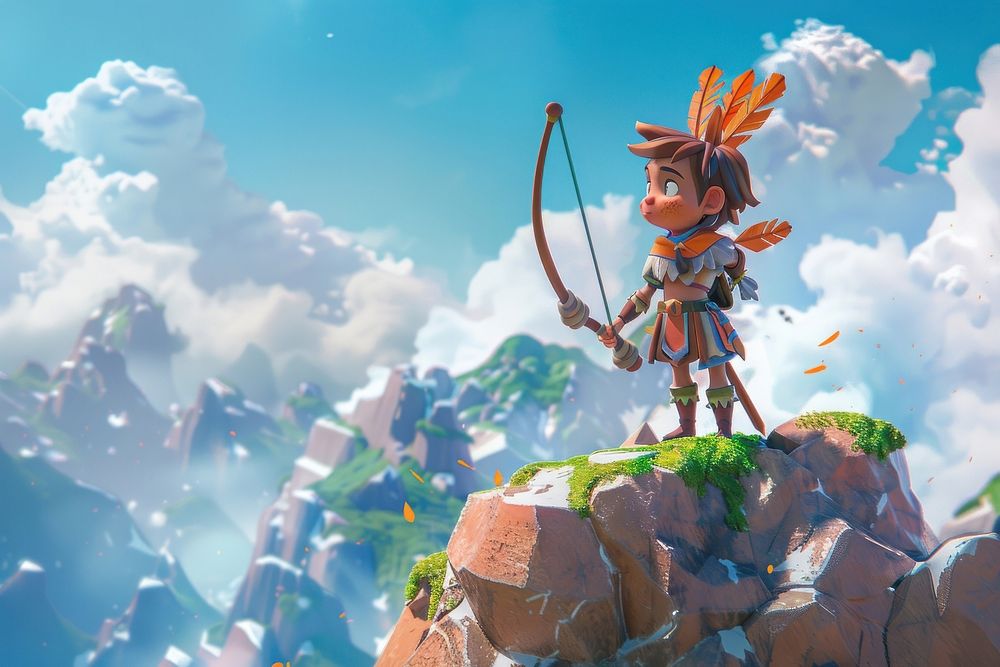 Cute warrior on the mountain background cartoon sports screenshot.