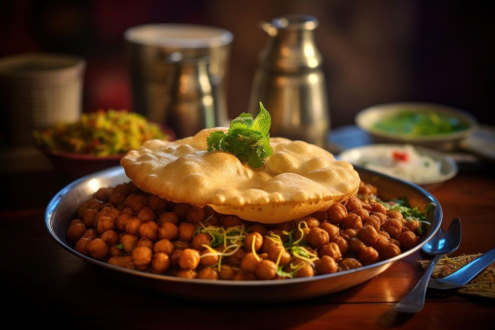Extreme close up of Chole bhature food restaurant plate.