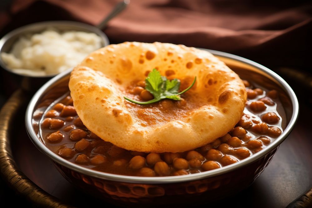 Extreme close up of Chole bhature food bread table.