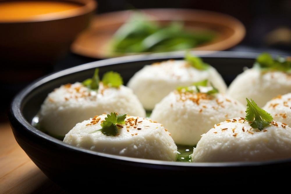 Extreme close up of Idli food table plate.