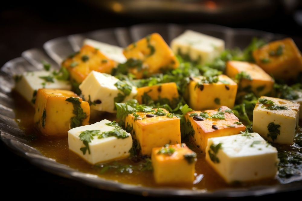 Extreme close up of paneer food plate meal.