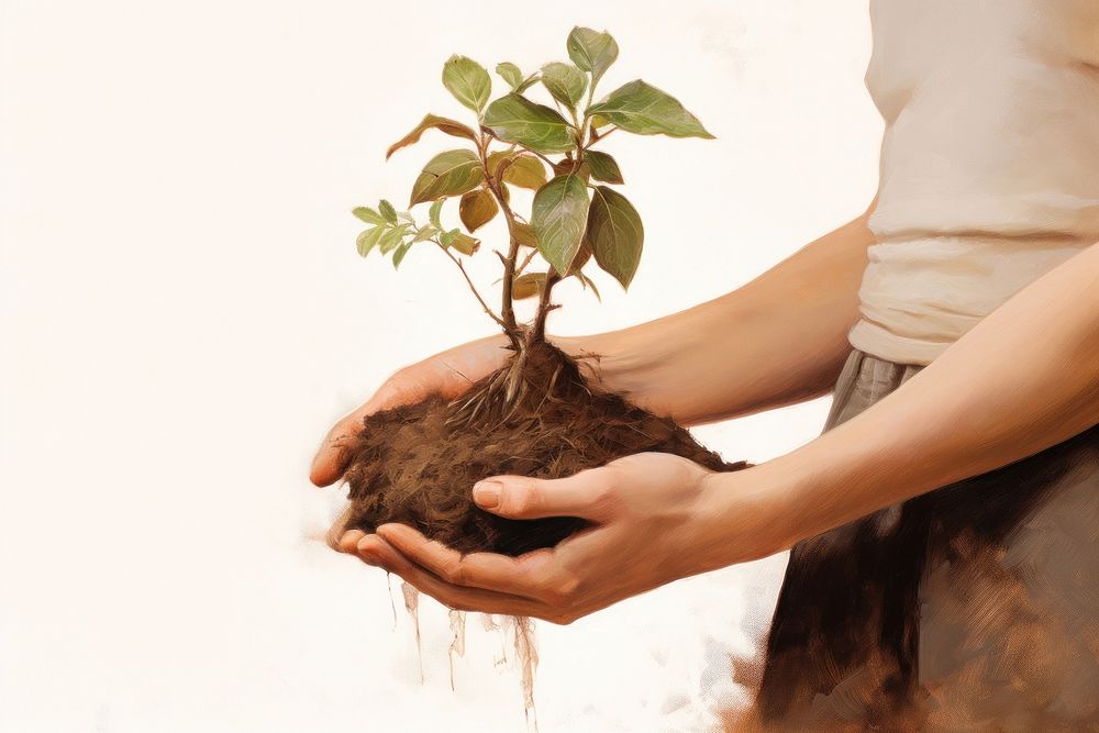 Close up hand holding a soil with a growing plant gardening planting outdoors.