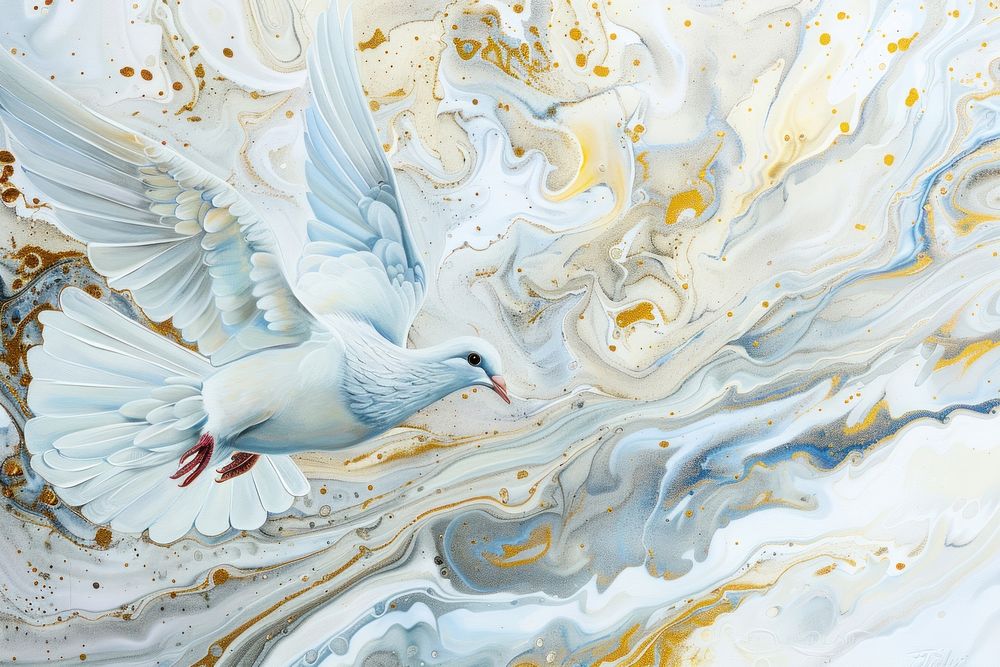 Acrylic pour painting in dove abstract flying white.