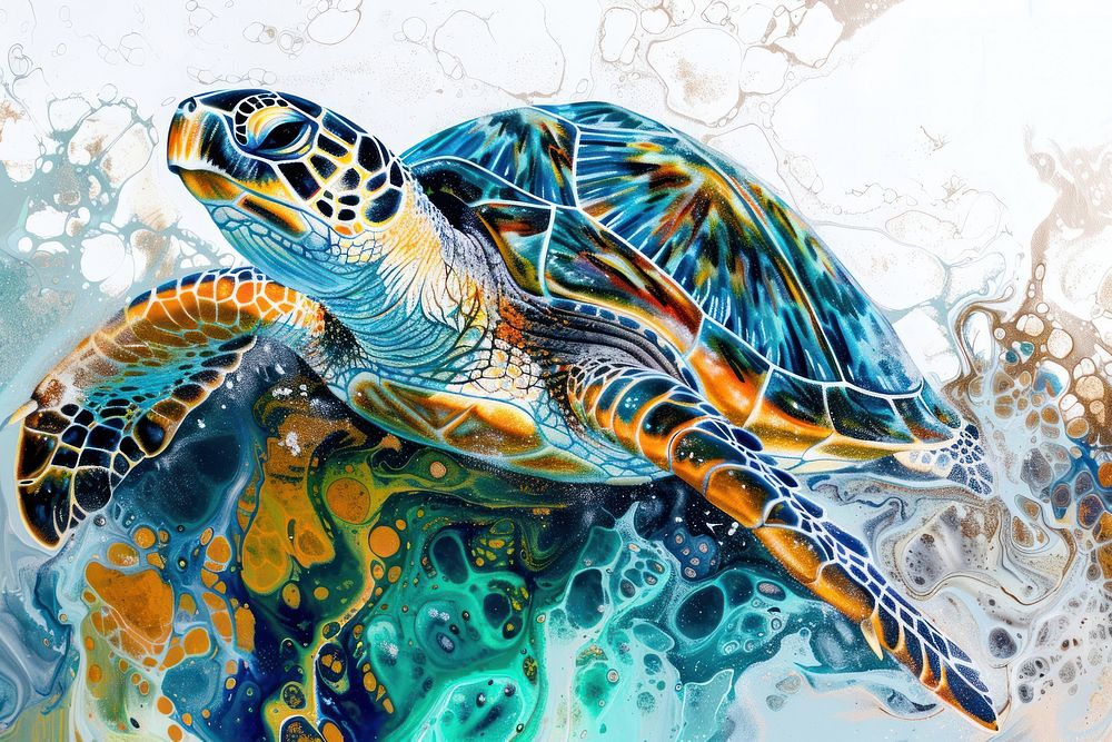 Acrylic pour painting in turtle reptile animal art.