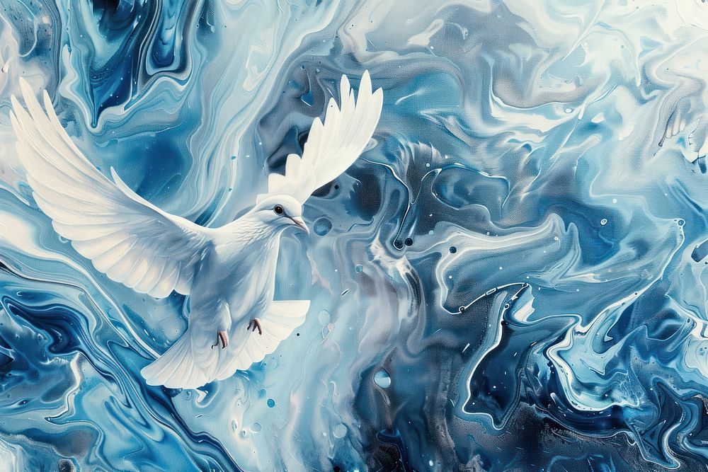 Acrylic pour painting in dove abstract flying white.
