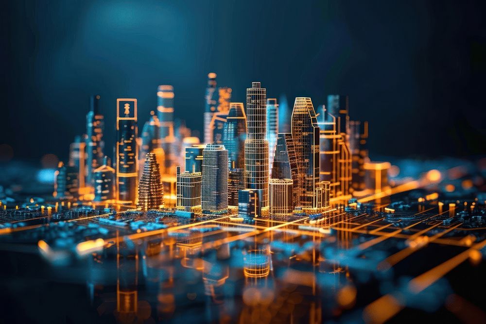 Glowing wireframe of smart city architecture futuristic cityscape.