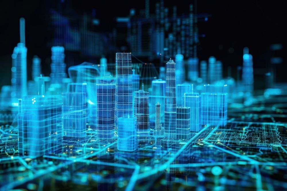 Glowing wireframe of smart city backgrounds futuristic diagram.