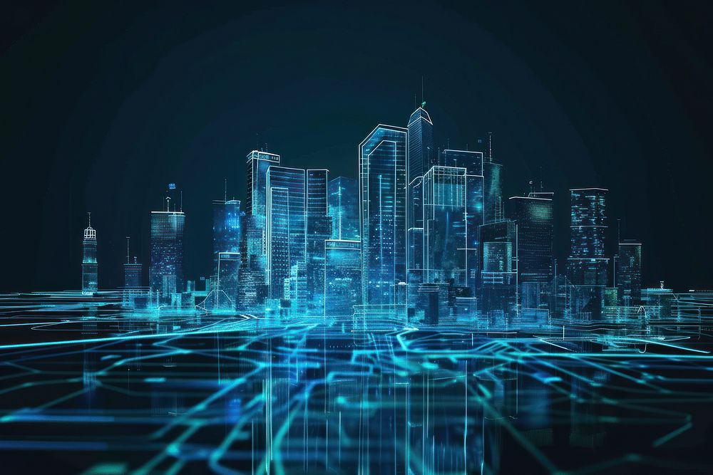 Glowing wireframe of smart city architecture backgrounds futuristic.