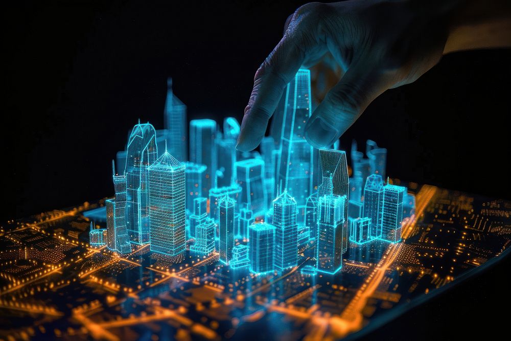 Glowing wireframe of smart city with hand underneat architecture futuristic building.