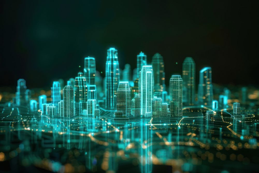Glowing wireframe of smart city architecture futuristic technology.