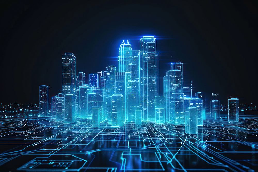 Glowing wireframe of smart city technology backgrounds futuristic diagram.