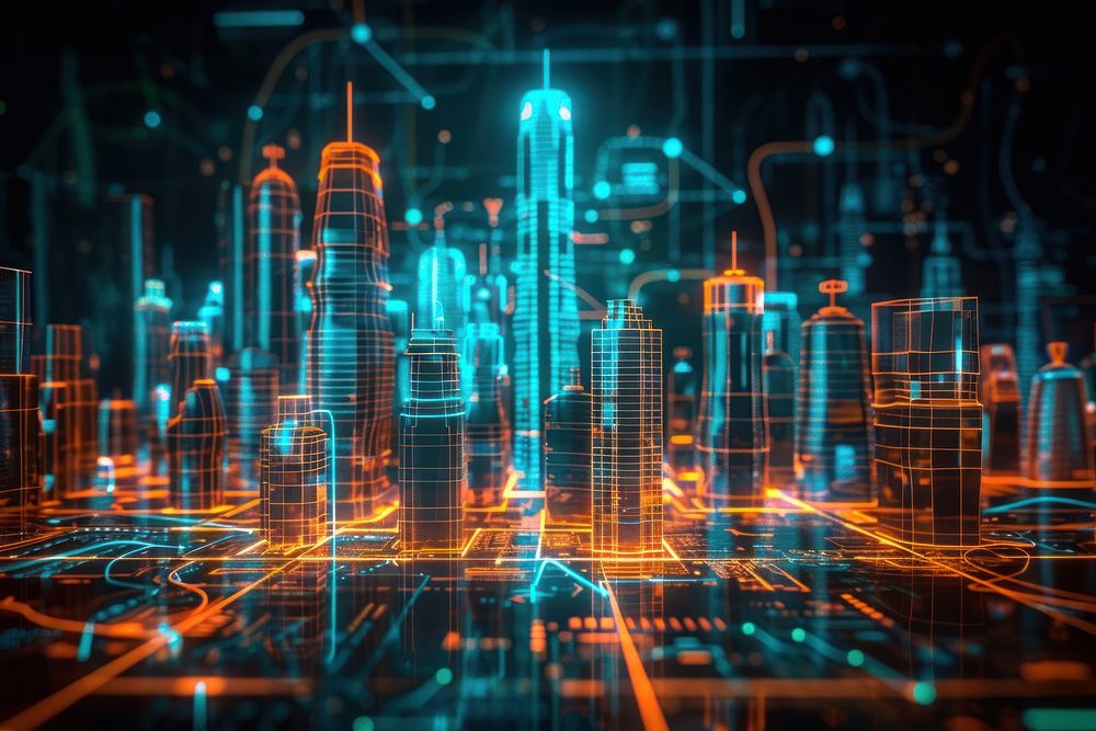 Glowing wireframe of smart city technology backgrounds futuristic architecture.