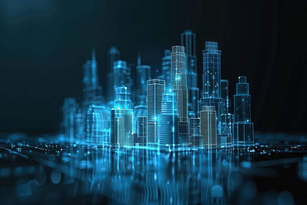 Glowing wireframe of smart city technology architecture futuristic cityscape.