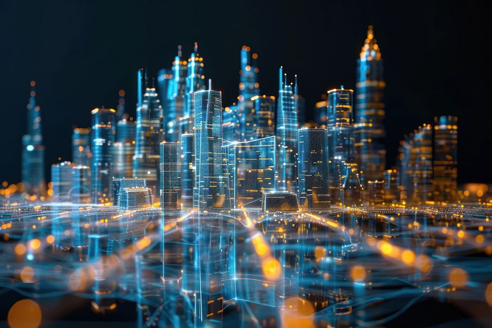 Glowing wireframe of smart cityscape architecture futuristic metropolis.