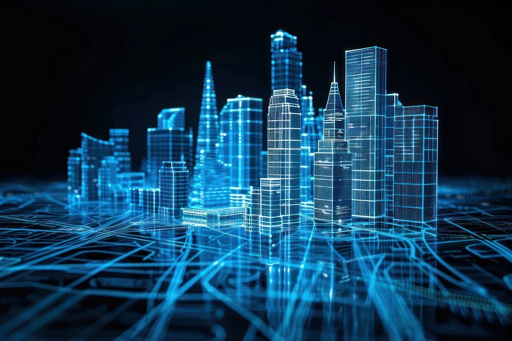 Glowing wireframe of smart cityscape futuristic diagram architecture.