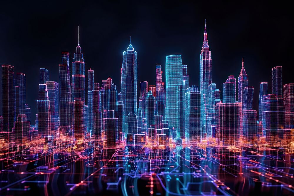 Glowing wireframe of smart cityscape architecture backgrounds futuristic.