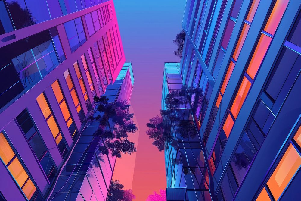 Modern smart city building architecture outdoors purple.