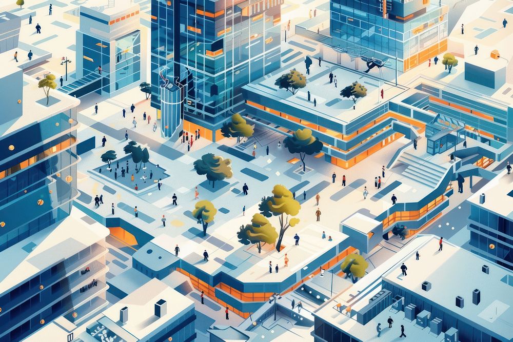 Smart city building with people walking architecture metropolis cityscape.